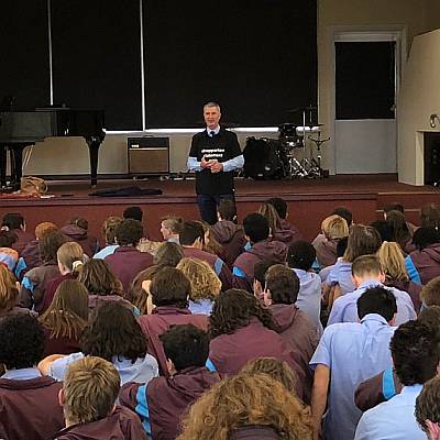 Greater Shepparton City Council CEO, Peter Harriot, addressing Year 10 students at Notre Dame College.